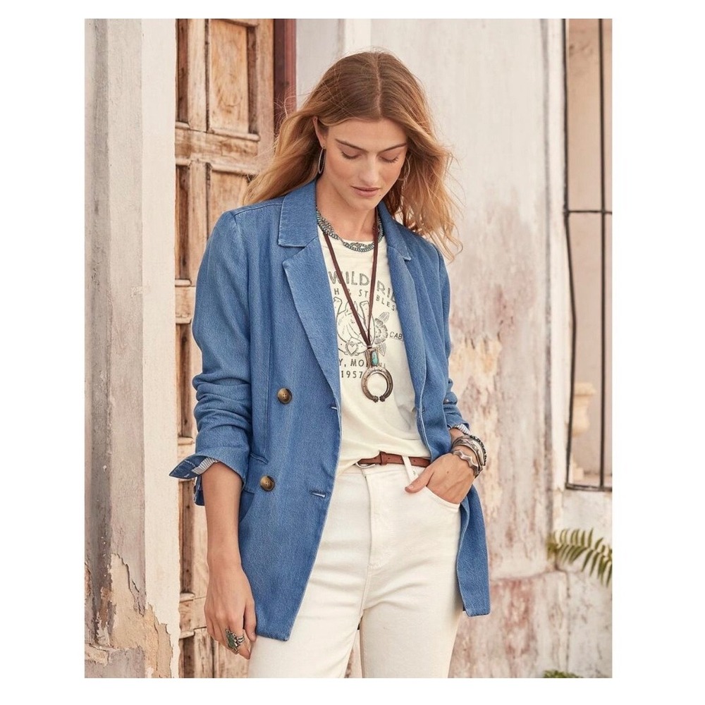 Sundance Oaklee Denim Blazer Womens‎ Large Blue Lyocell Double Breasted Floral